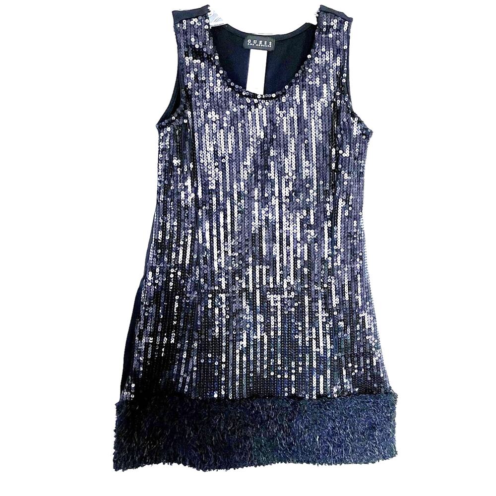 Guess Girls Black Sequin Faux Fur Fringe Party Dress A-Line Size 14 Y2K